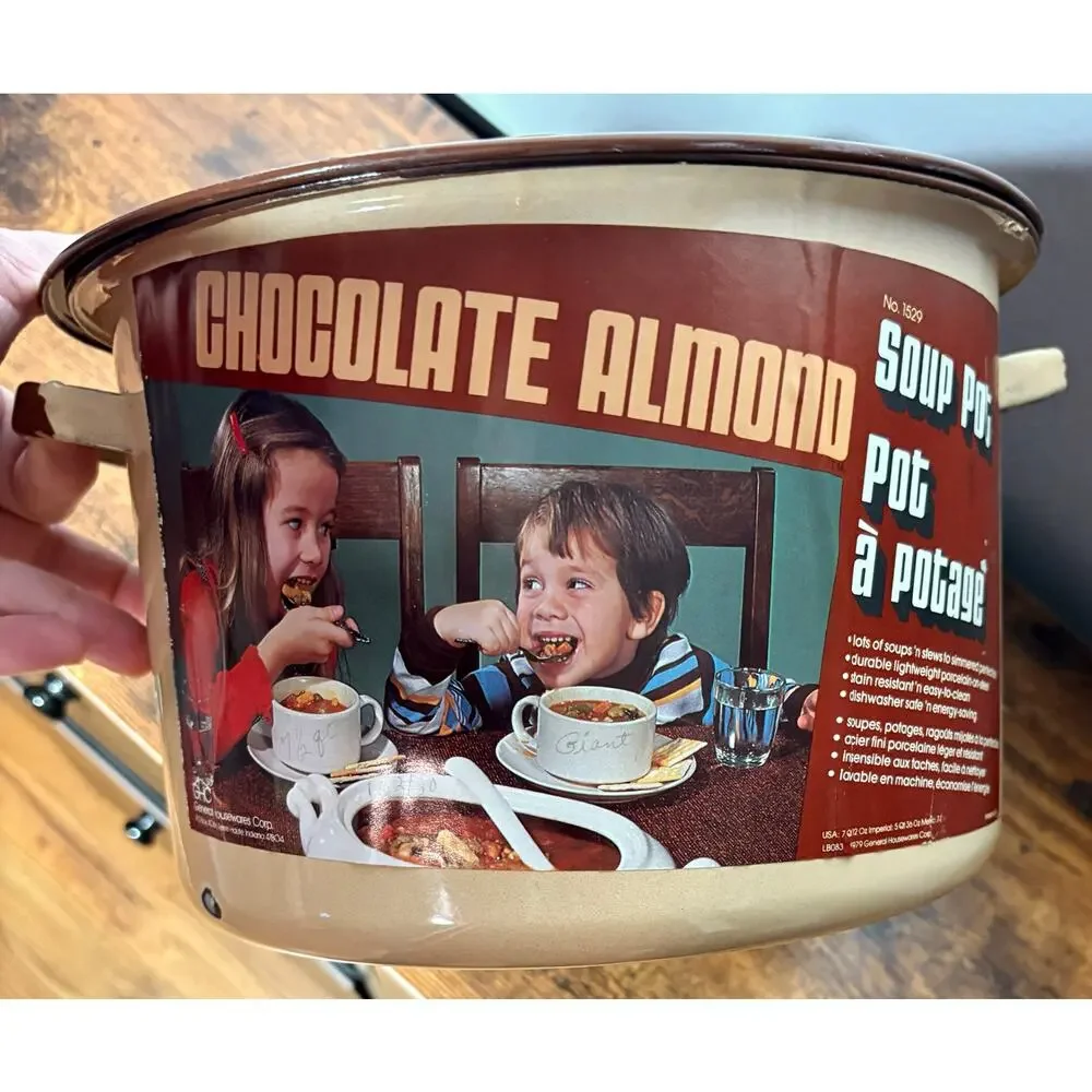 New Vintage 1979 Stock Pot With Lid #1530 Chocolate/Almond Enamel 11Qt 7oz